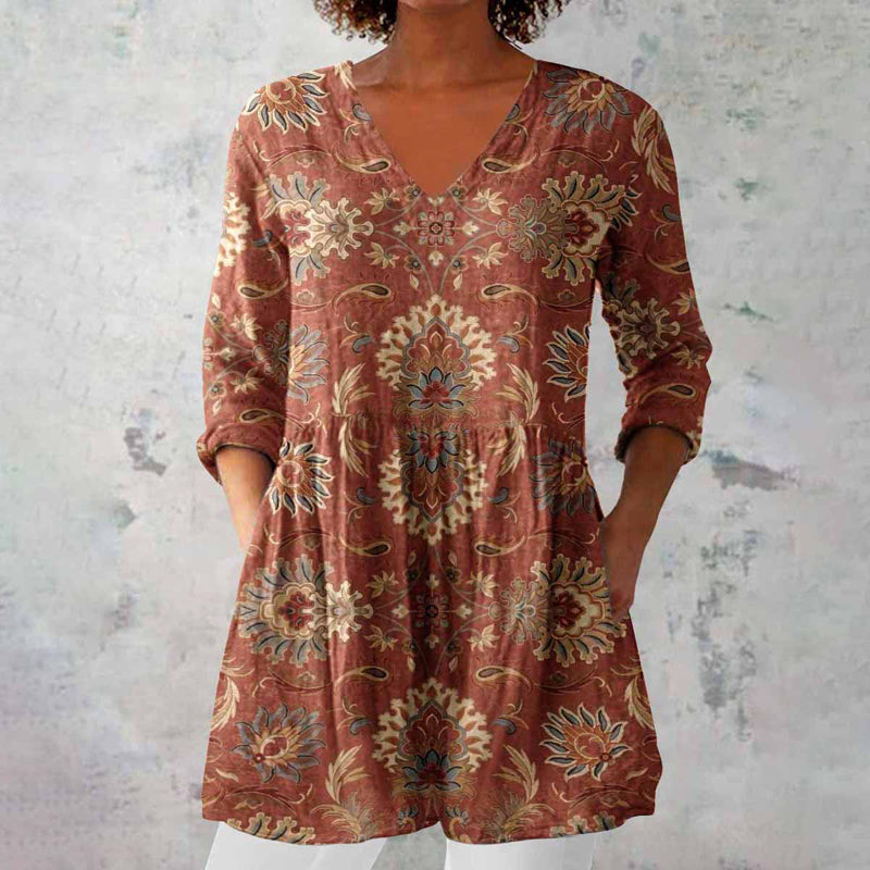 Boho Paisley Print V Neck 3/4 Sleeve Tunic Blouse