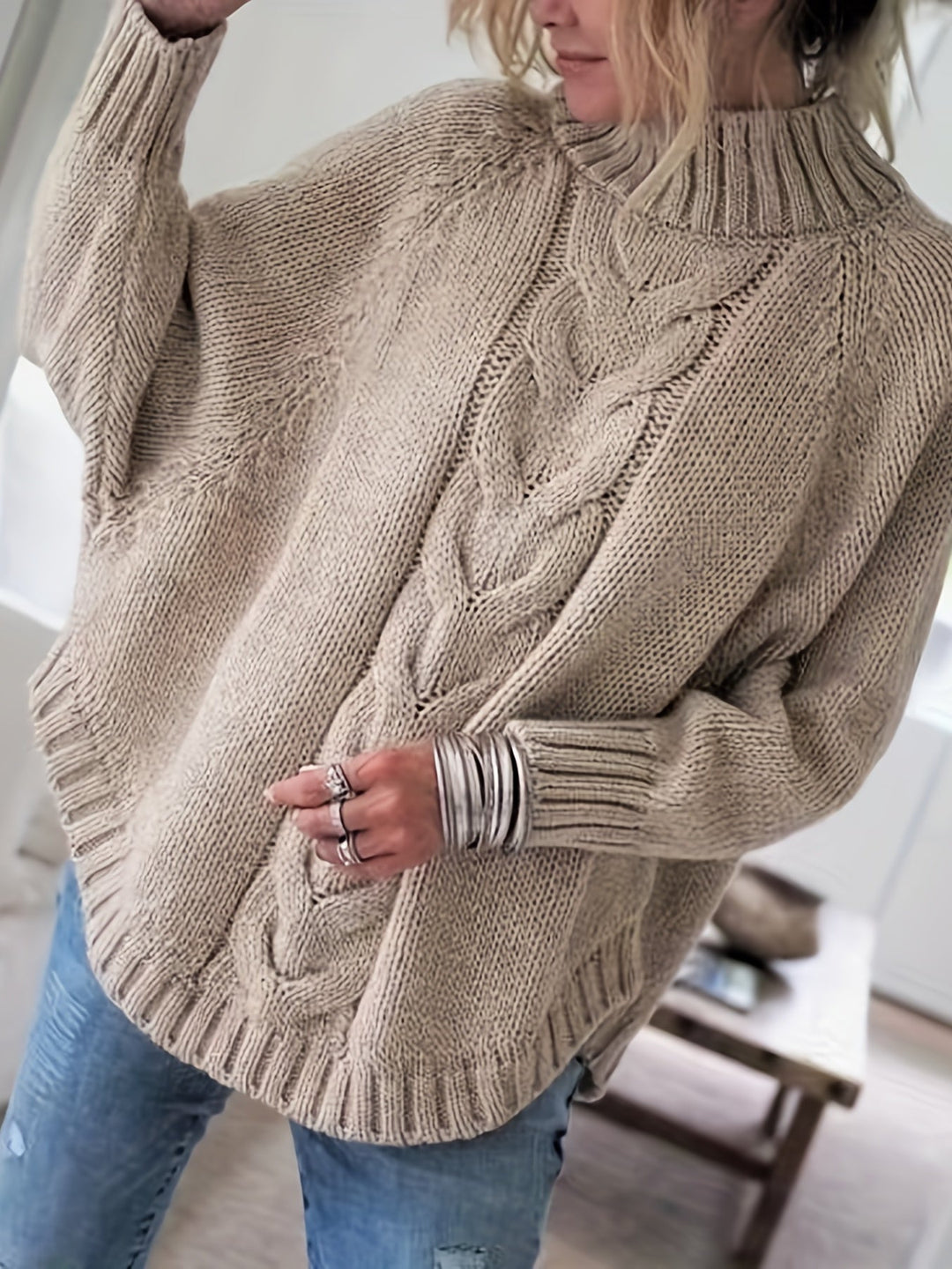 Petra | Women's Wool Cable Knit High Neck Sweater with Flared Hem