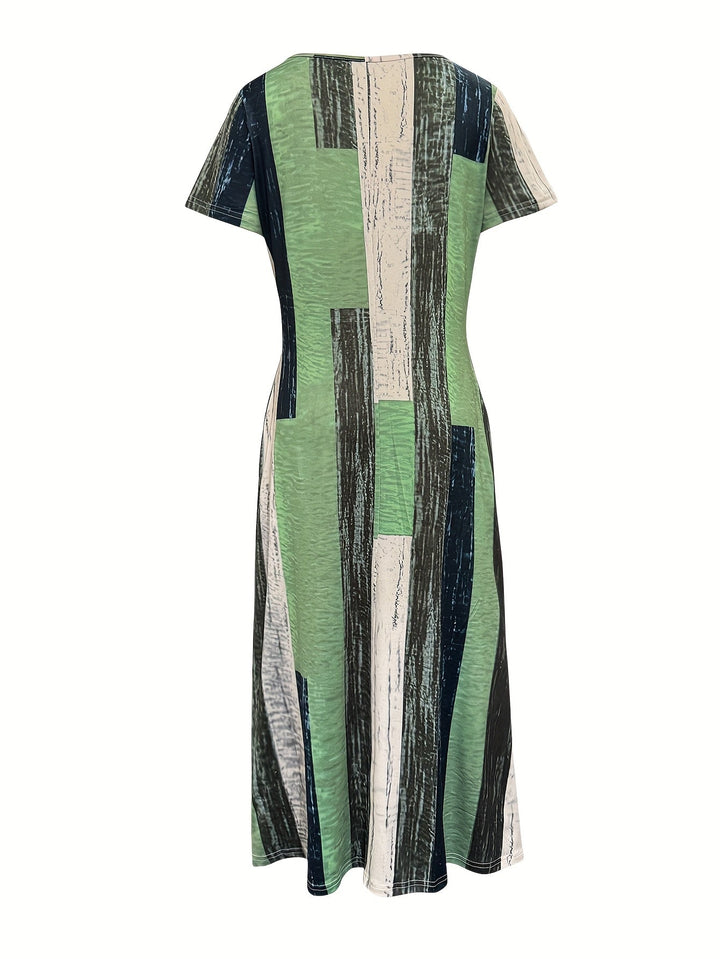 Beau™-Green Striped Colour Short Sleeve Dress