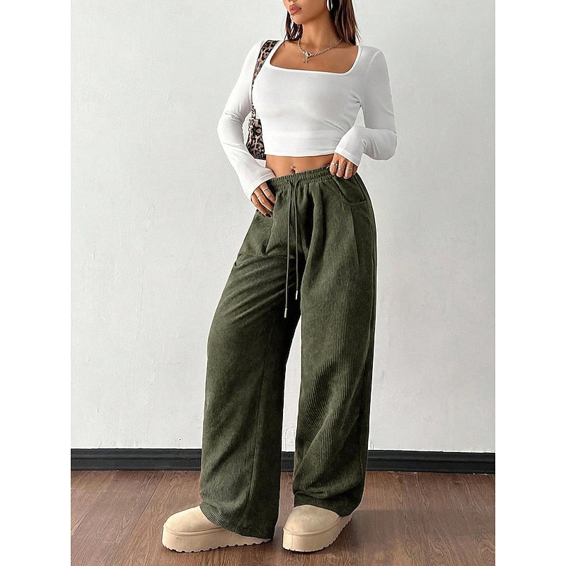Delphine | Women's Corduroy Wide-Leg Pants with Drawstring Waist
