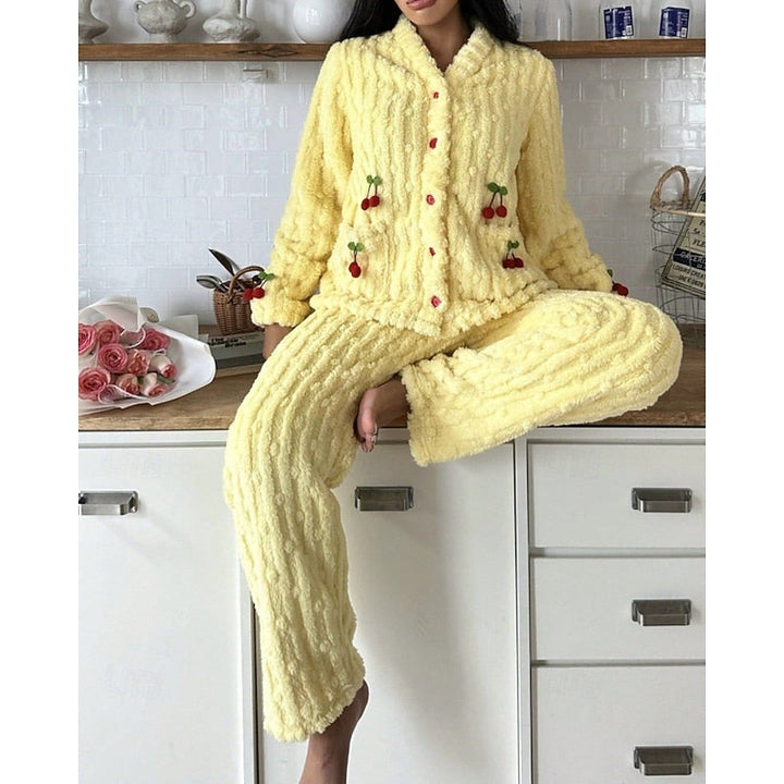 Winnifred | Women's Fuzzy Cherry Print Two-Piece Pajama Set