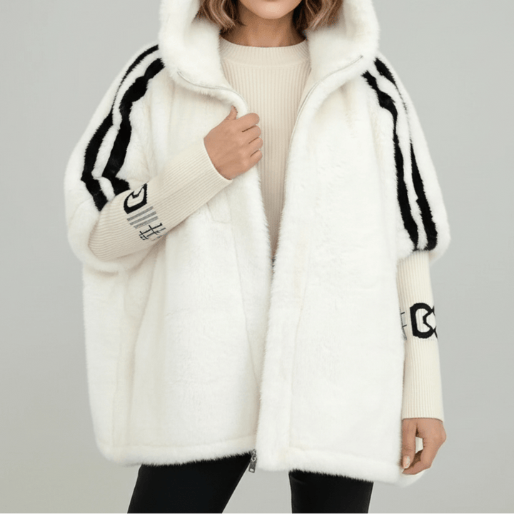 Odalys | Women's Oversized Faux Fur Cape Jacket with Contrast Sleeve Stripes