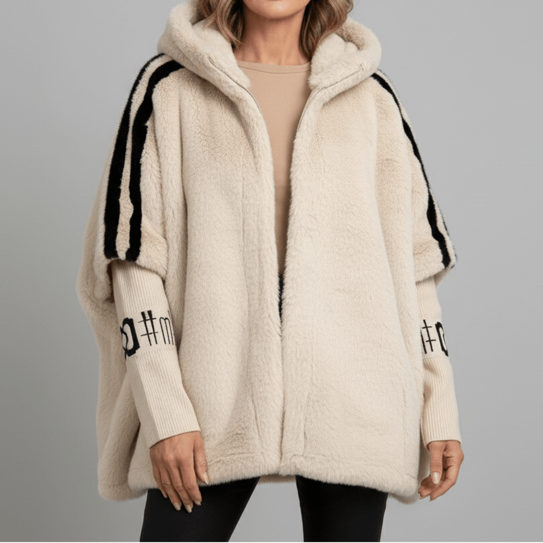 Odalys | Women's Oversized Faux Fur Cape Jacket with Contrast Sleeve Stripes