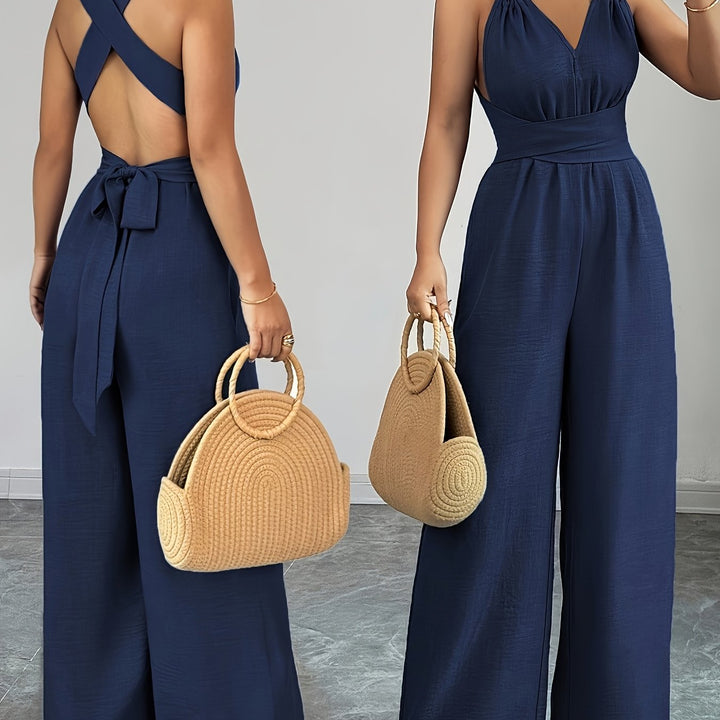 Linen Halter V Neck Ruched Wide Leg Elegant Jumpsuit