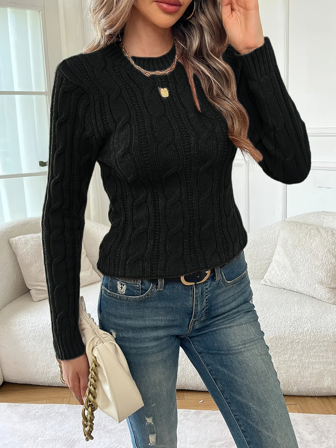 Ines | Women's Fitted Cable Knit Crew Neck Sweater