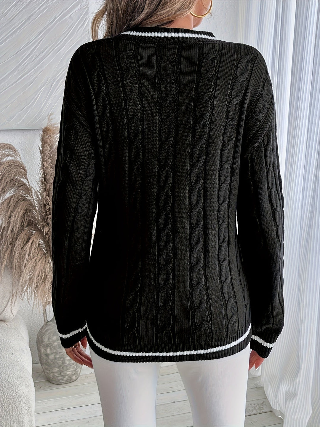 Cordelia | Women's Oversized V-Neck Striped Trim Cable Knit Sweater