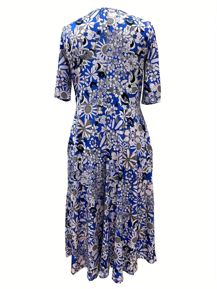 Gabi™-Elegant Floral Print V-Neck Midi Dress