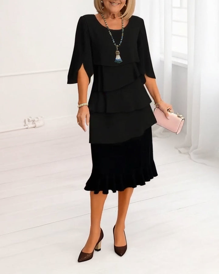 Tiered Ruffle Cape Sleeve Layered Midi Dress - Formal Evening Gown
