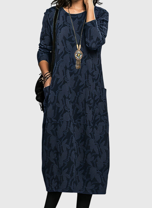 Floral Jacquard Casual Midi Dress with Pockets