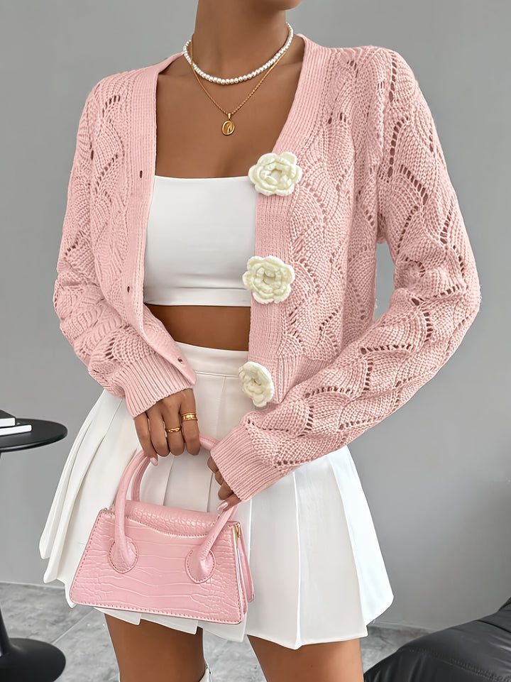 Celeste | Women's Crochet Knit Cardigan with 3D Floral Buttons