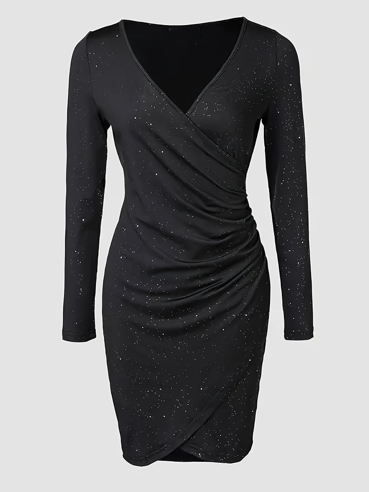 Long Sleeve Ruched Sparkle Mini Homecoming Dress