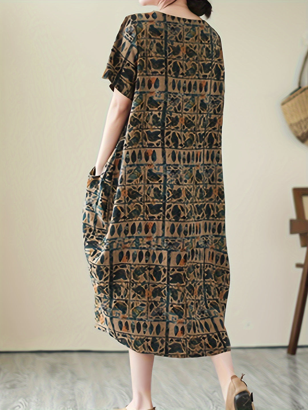Vintage Botanical Print Crew Neck Short Sleeve Loose Linen Maxi Dress