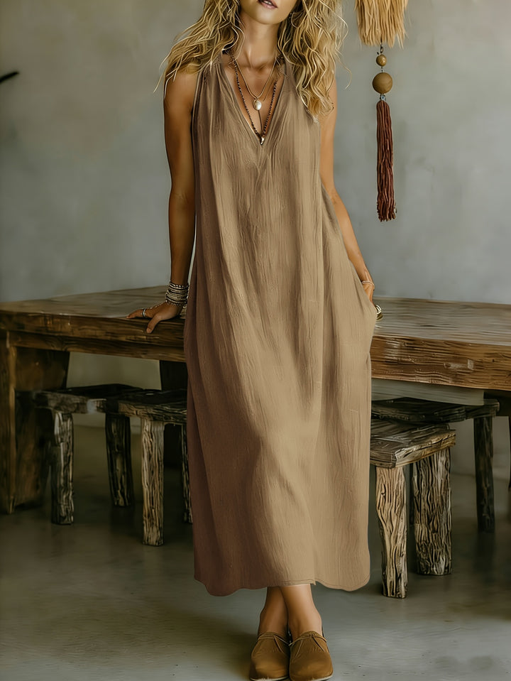 Linen Flowy V Neck Draped Casual Maxi Dress for Vacation