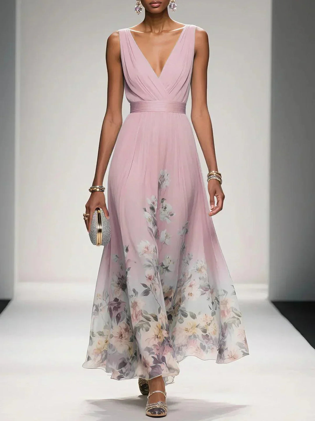 Floral Border Print Deep V Neck Ruched Chiffon Maxi Dress - Wedding Guest