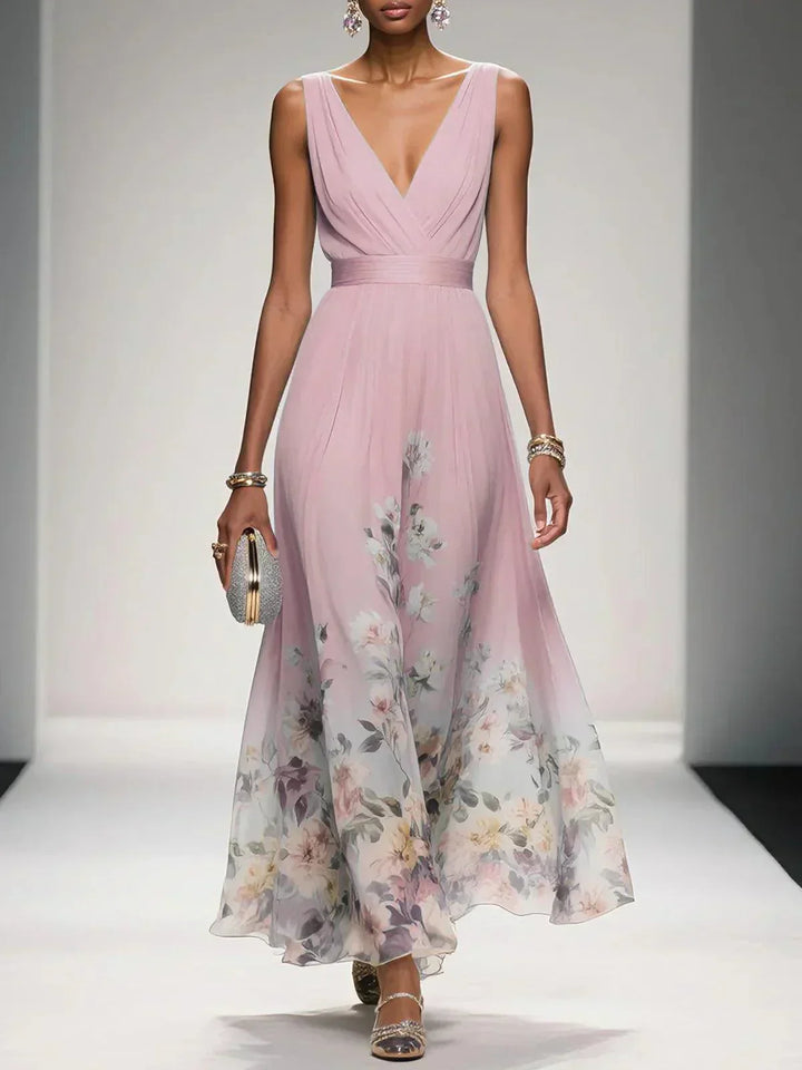Floral Border Print Deep V Neck Ruched Chiffon Maxi Dress - Wedding Guest