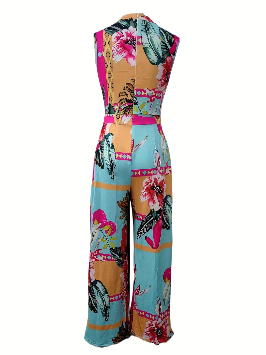 Abstract Tropical Print Sleeveless Belted Wide Leg Jumpsuit