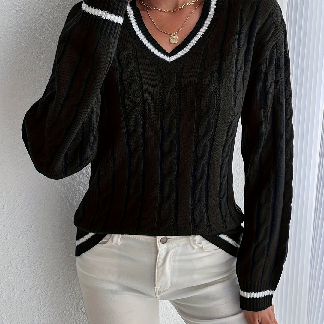 Cordelia | Women's Oversized V-Neck Striped Trim Cable Knit Sweater