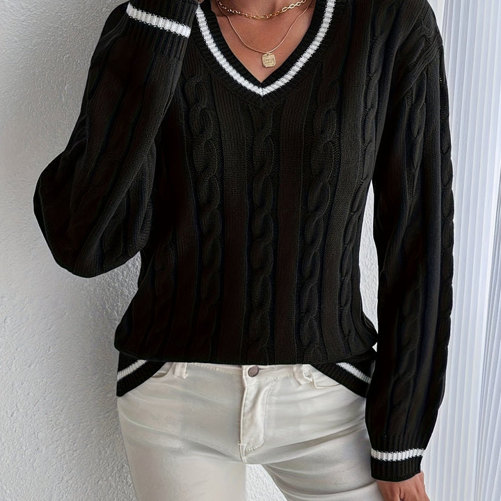 Cordelia | Women's Oversized V-Neck Striped Trim Cable Knit Sweater