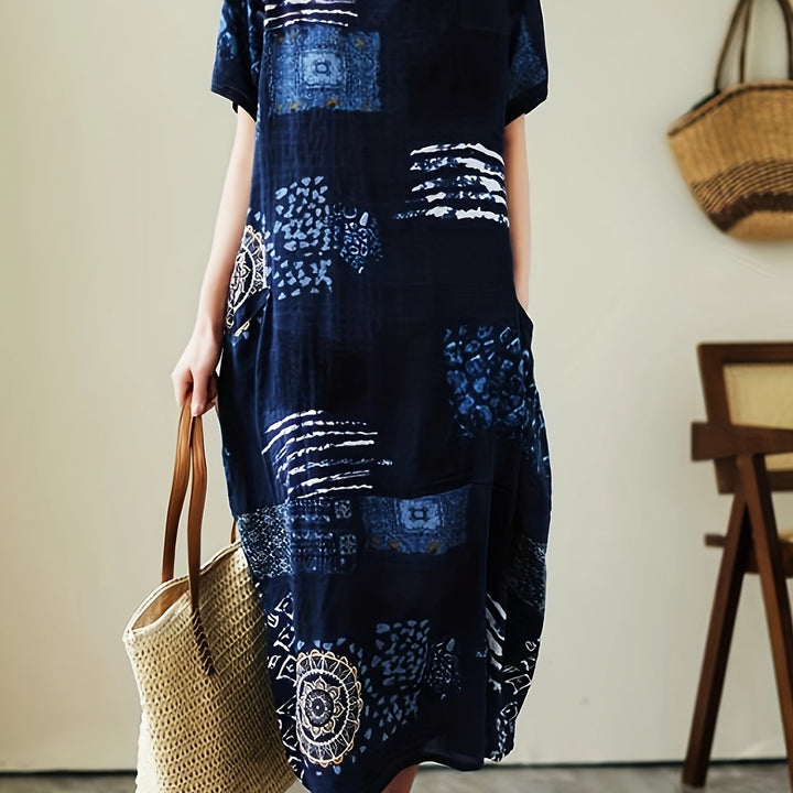 Vintage Botanical Print Crew Neck Short Sleeve Loose Linen Maxi Dress