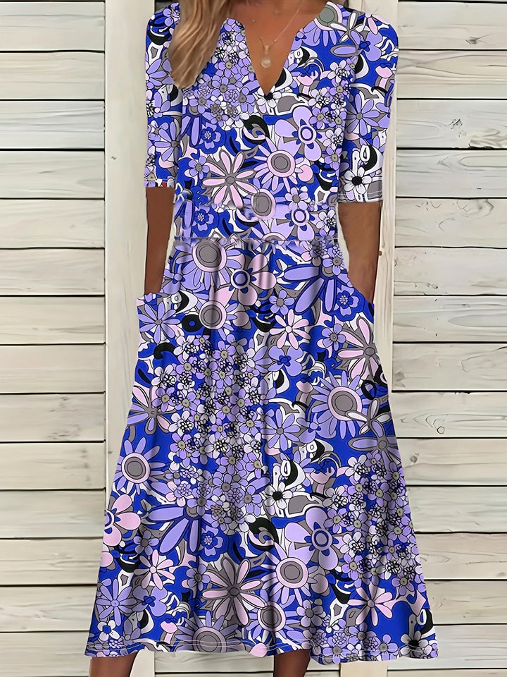 Gabi™-Elegant Floral Print V-Neck Midi Dress