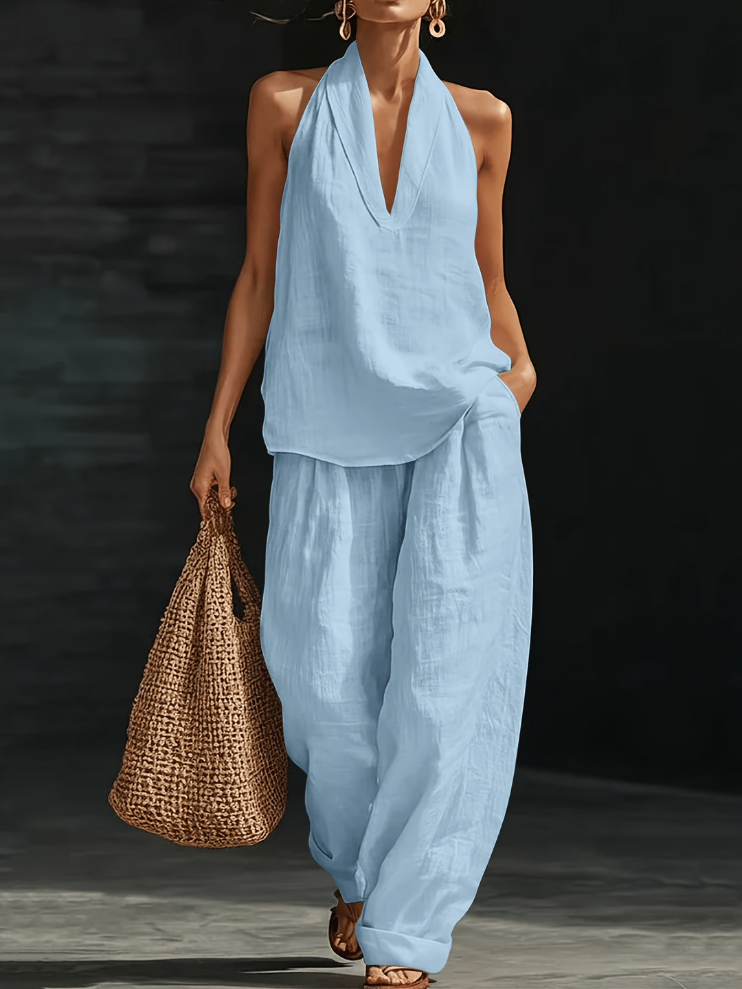 Linen Halter V Neck Backless Top and Wide Leg Pants Set