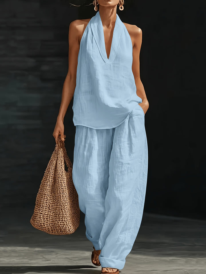 Linen Halter V Neck Backless Top and Wide Leg Pants Set