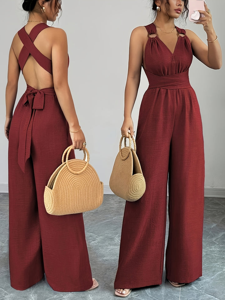 Linen Halter V Neck Ruched Wide Leg Elegant Jumpsuit