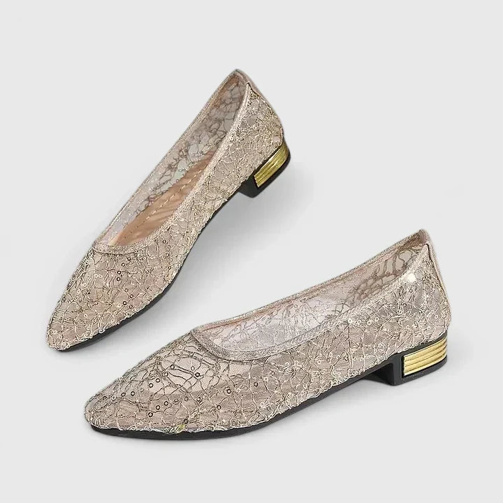 Sequin Lace Mesh Pointed Toe Gold Heel Ballet Flat