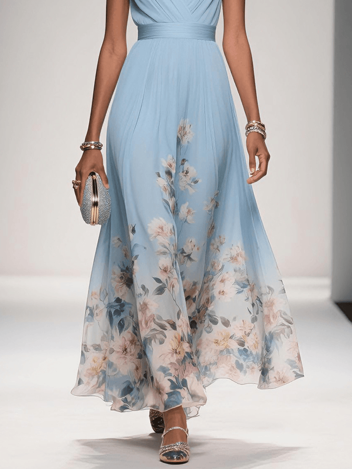 Floral Border Print Deep V Neck Ruched Chiffon Maxi Dress - Wedding Guest