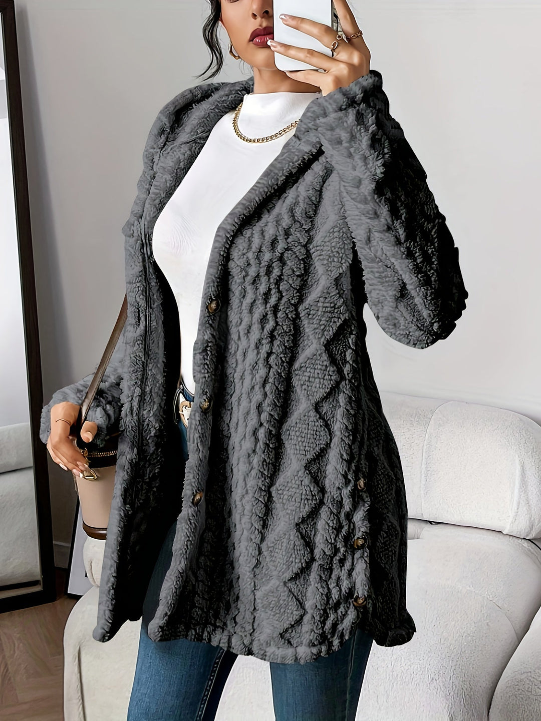 Paula™ - Plush Diamond-Patterned Hooded Cardigan