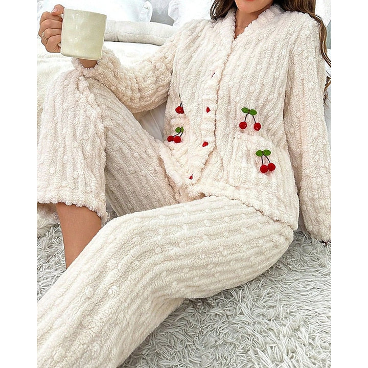 Winnifred | Women's Fuzzy Cherry Print Two-Piece Pajama Set