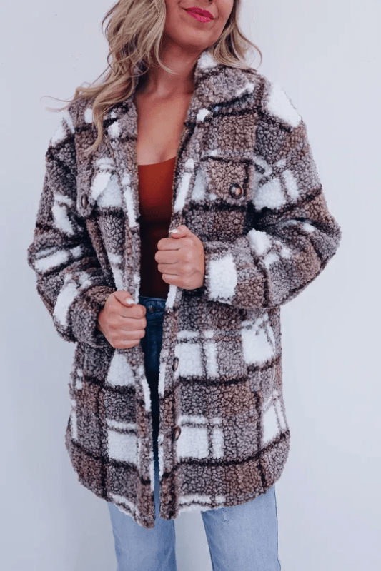 Stella | Women's Plaid Teddy Button-Front Coat with Chest Pocket