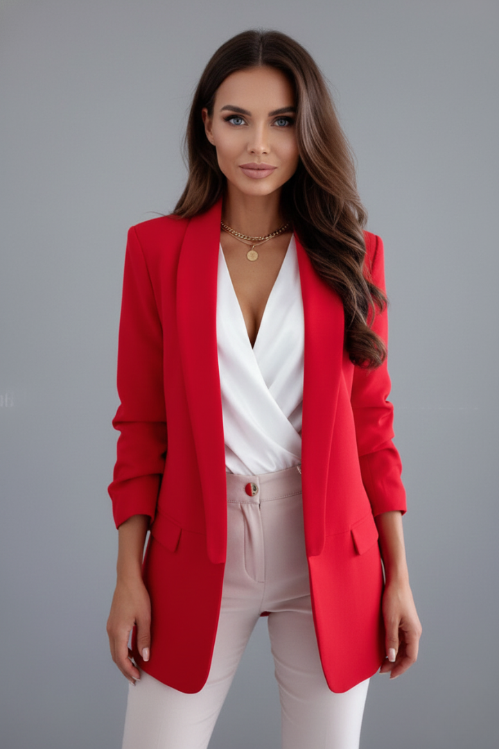Open Front Ruched Sleeve Longline Shawl Collar Slim Blazer