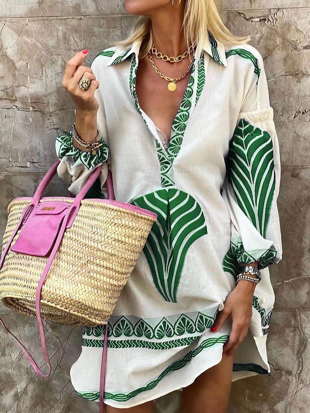 Placement Print Point Collar Gathered Cuff Oversized Mini Dress