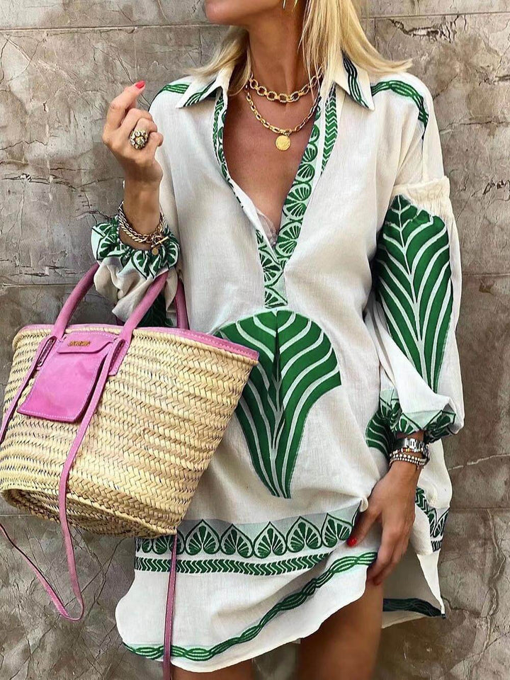 Placement Print Point Collar Gathered Cuff Oversized Mini Dress