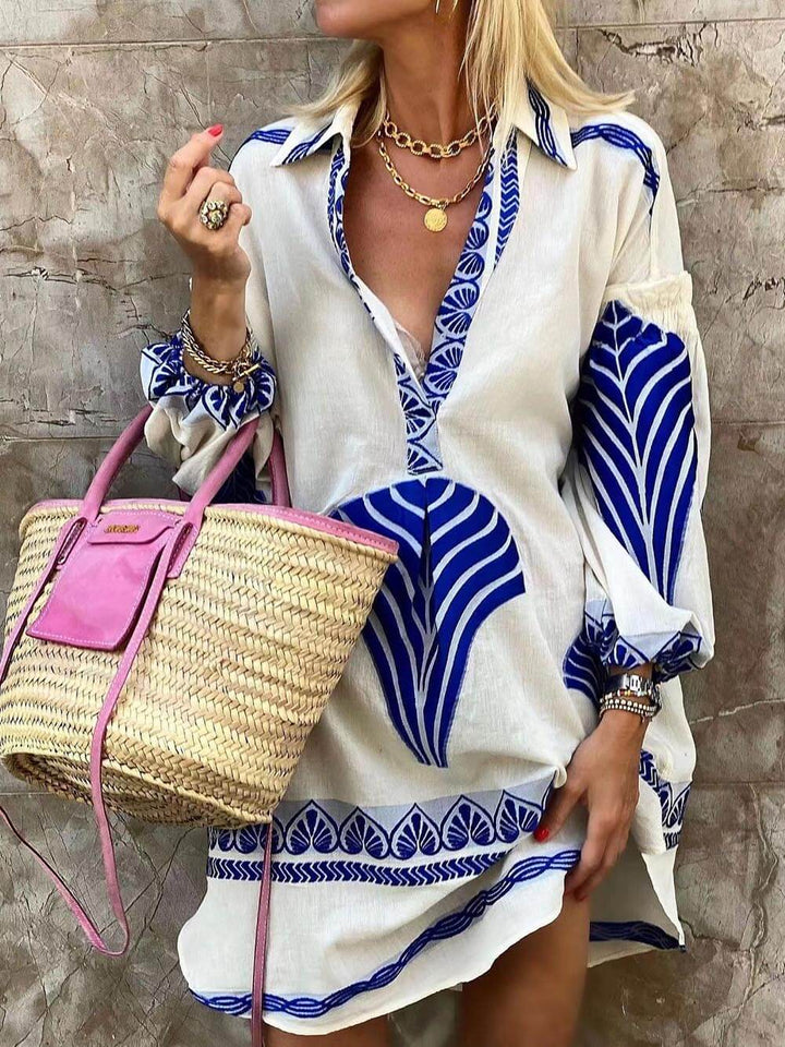 Placement Print Point Collar Gathered Cuff Oversized Mini Dress