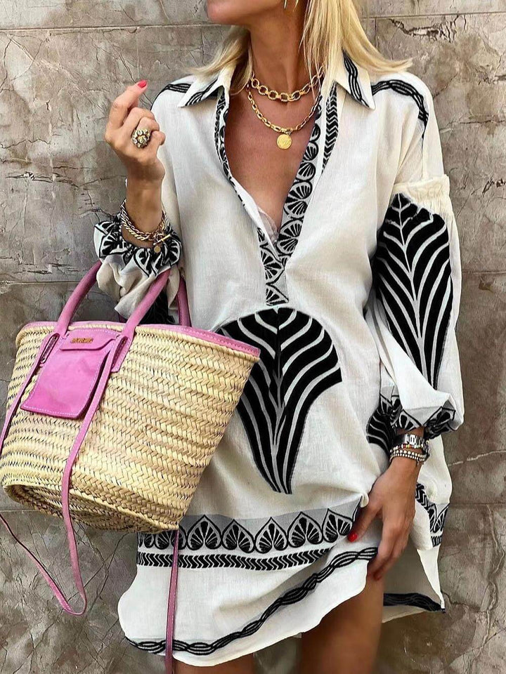 Placement Print Point Collar Gathered Cuff Oversized Mini Dress