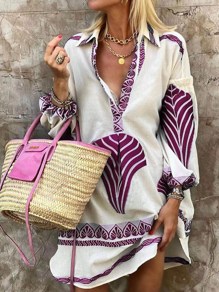 Placement Print Point Collar Gathered Cuff Oversized Mini Dress