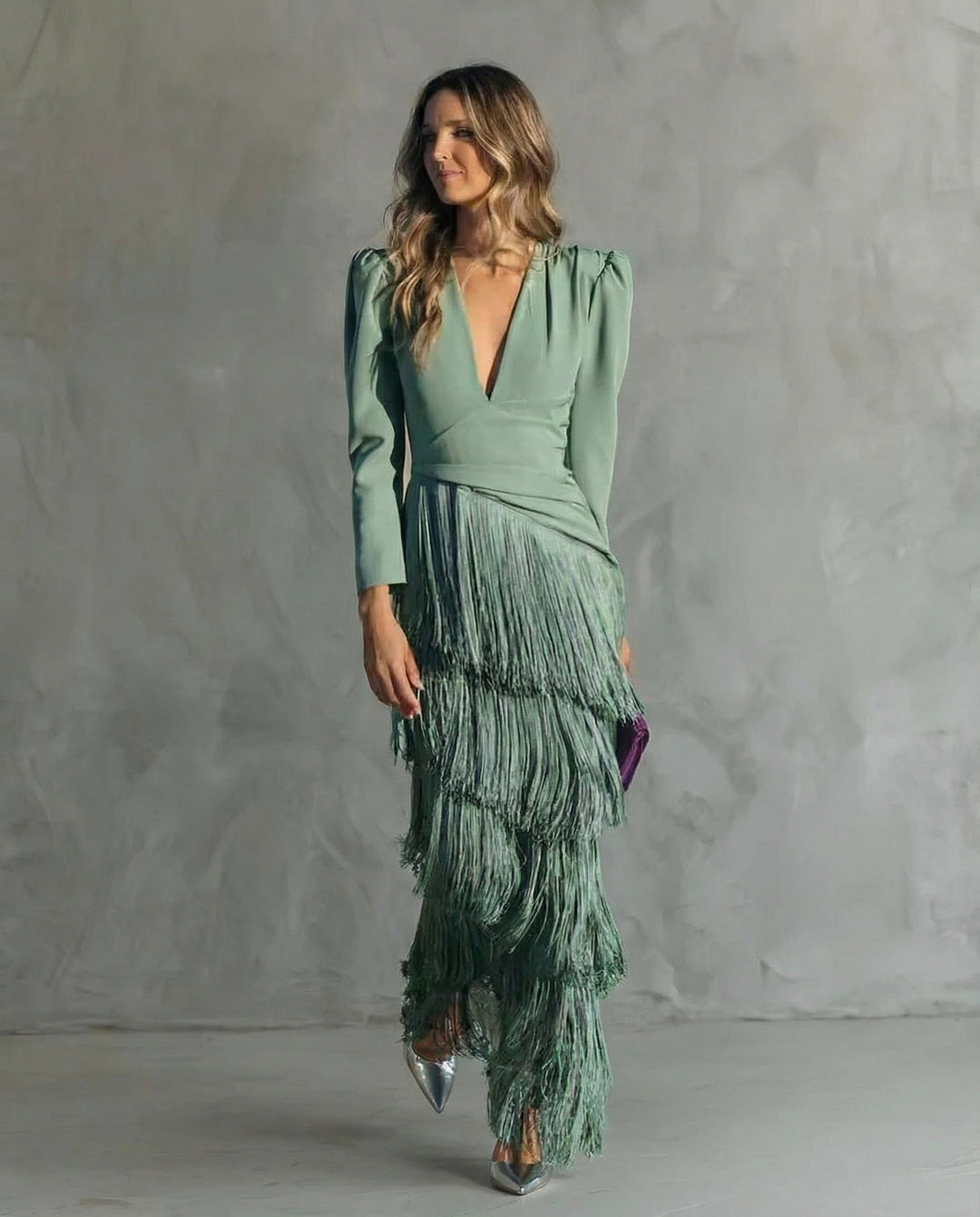 Tiered Fringe Skirt Deep V-Neck Maxi Dress - Formal Evening Gown