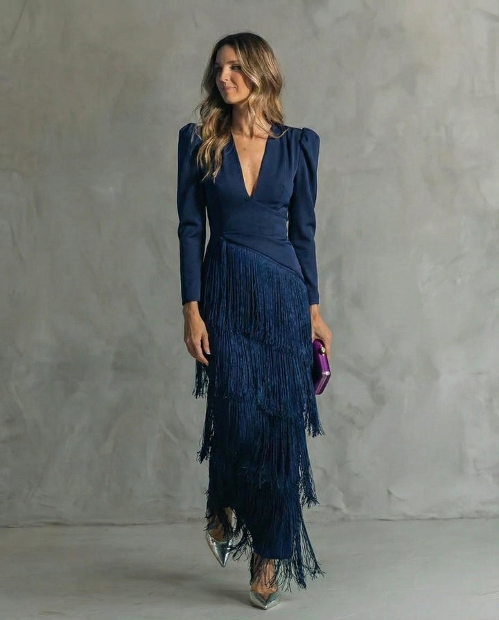 Tiered Fringe Skirt Deep V-Neck Maxi Dress - Formal Evening Gown