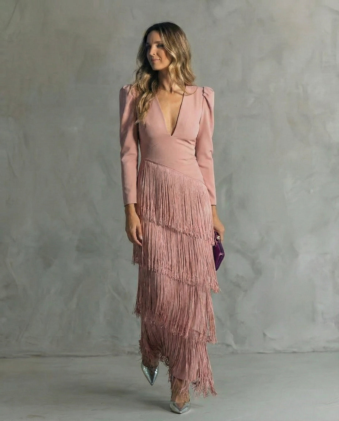 Tiered Fringe Skirt Deep V-Neck Maxi Dress - Formal Evening Gown