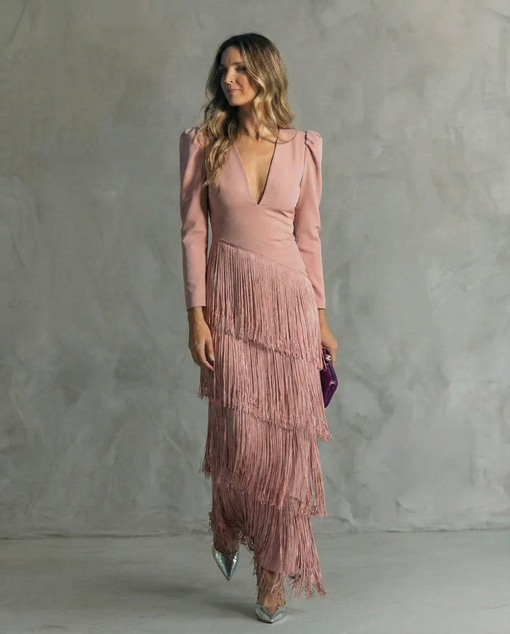 Tiered Fringe Skirt Deep V-Neck Maxi Dress - Formal Evening Gown