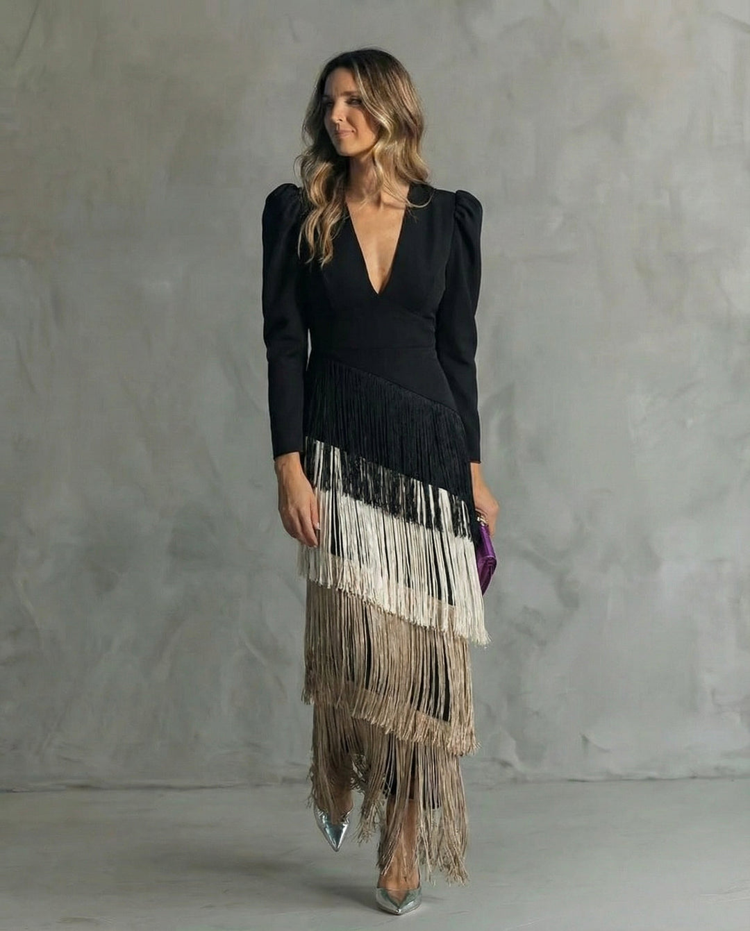 Tiered Fringe Skirt Deep V-Neck Maxi Dress - Formal Evening Gown