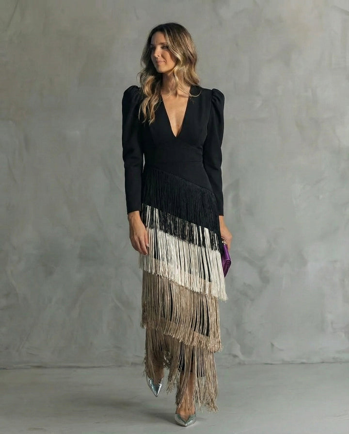 Tiered Fringe Skirt Deep V-Neck Maxi Dress - Formal Evening Gown