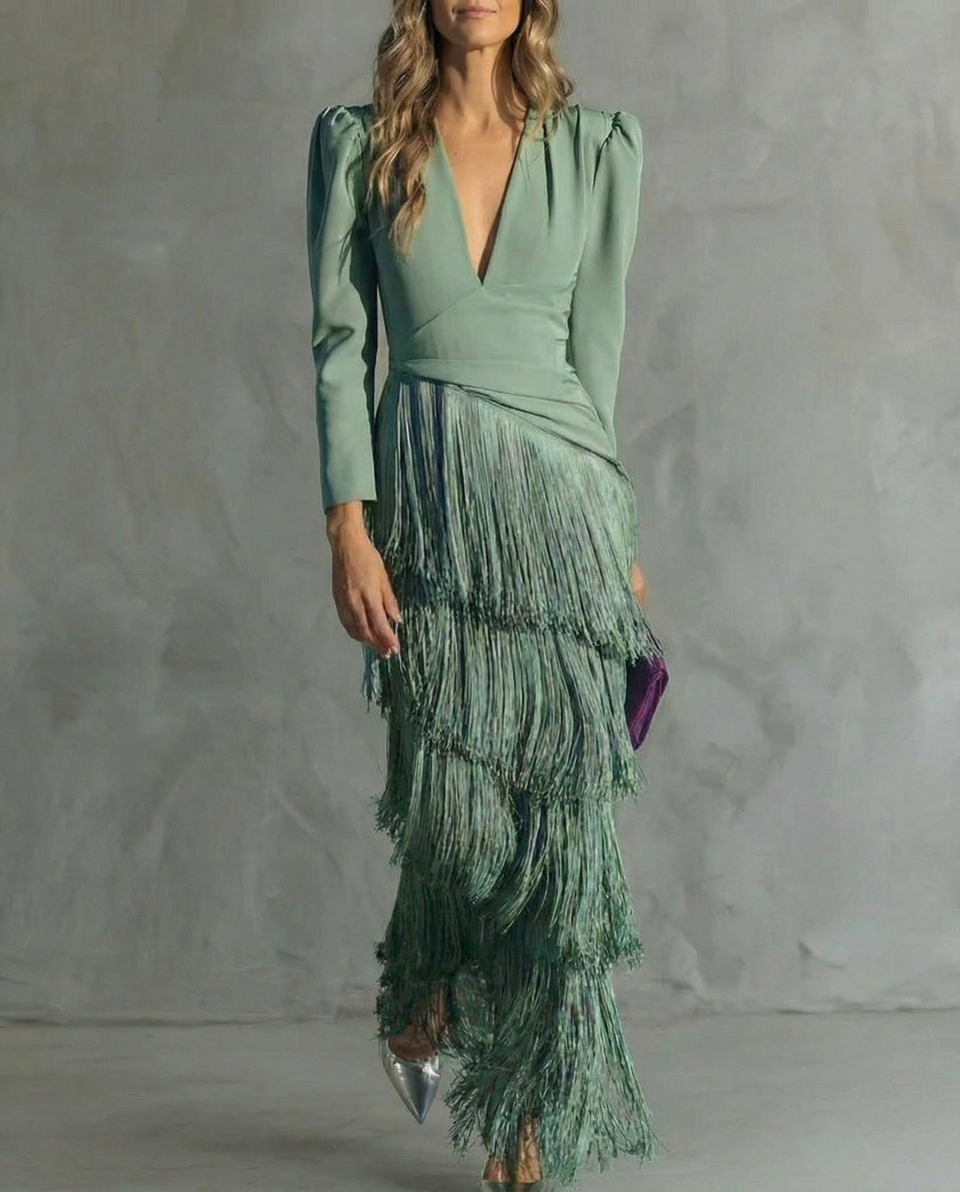 Tiered Fringe Skirt Deep V-Neck Maxi Dress - Formal Evening Gown
