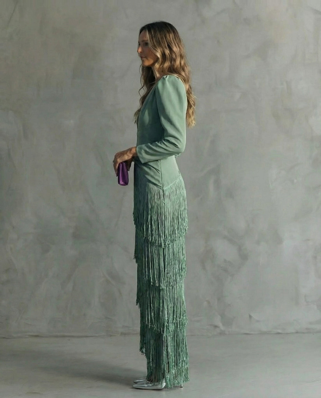 Tiered Fringe Skirt Deep V-Neck Maxi Dress - Formal Evening Gown