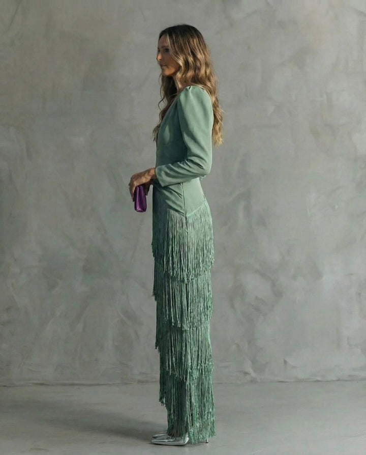 Tiered Fringe Skirt Deep V-Neck Maxi Dress - Formal Evening Gown