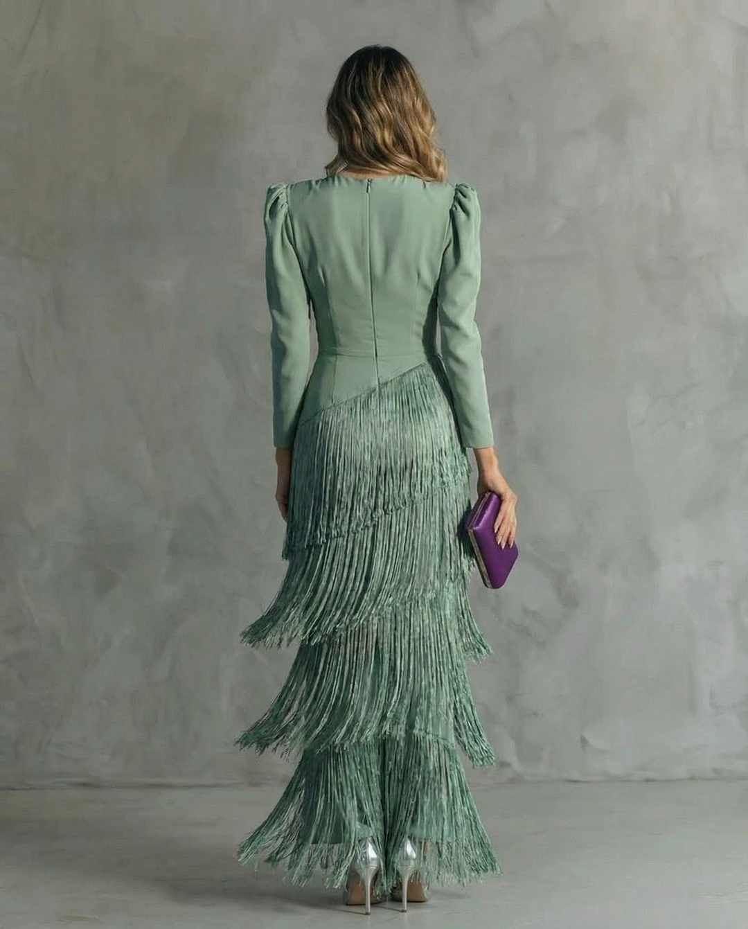 Tiered Fringe Skirt Deep V-Neck Maxi Dress - Formal Evening Gown