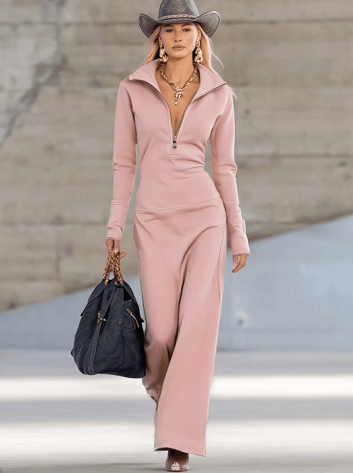 Half Zip Stand Collar Long Sleeve Bodycon Maxi Dress