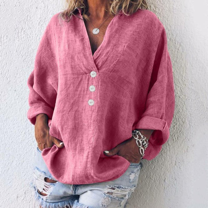 Relaxed V Neck Button Down Long Sleeve Linen Blouse